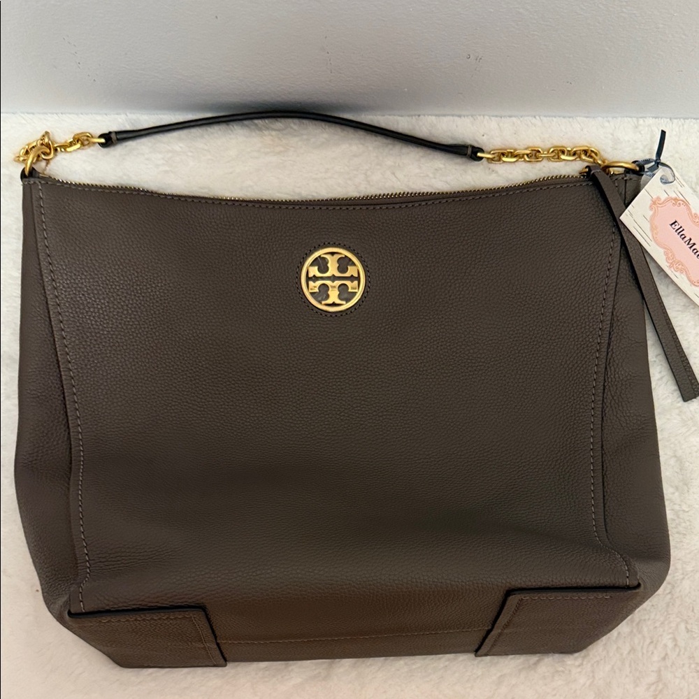 Tory Burch Carson Top Handle Hobo Soft Pebbled Leather Bag Gray Taupe NWOT’s - Picture 9 of 10